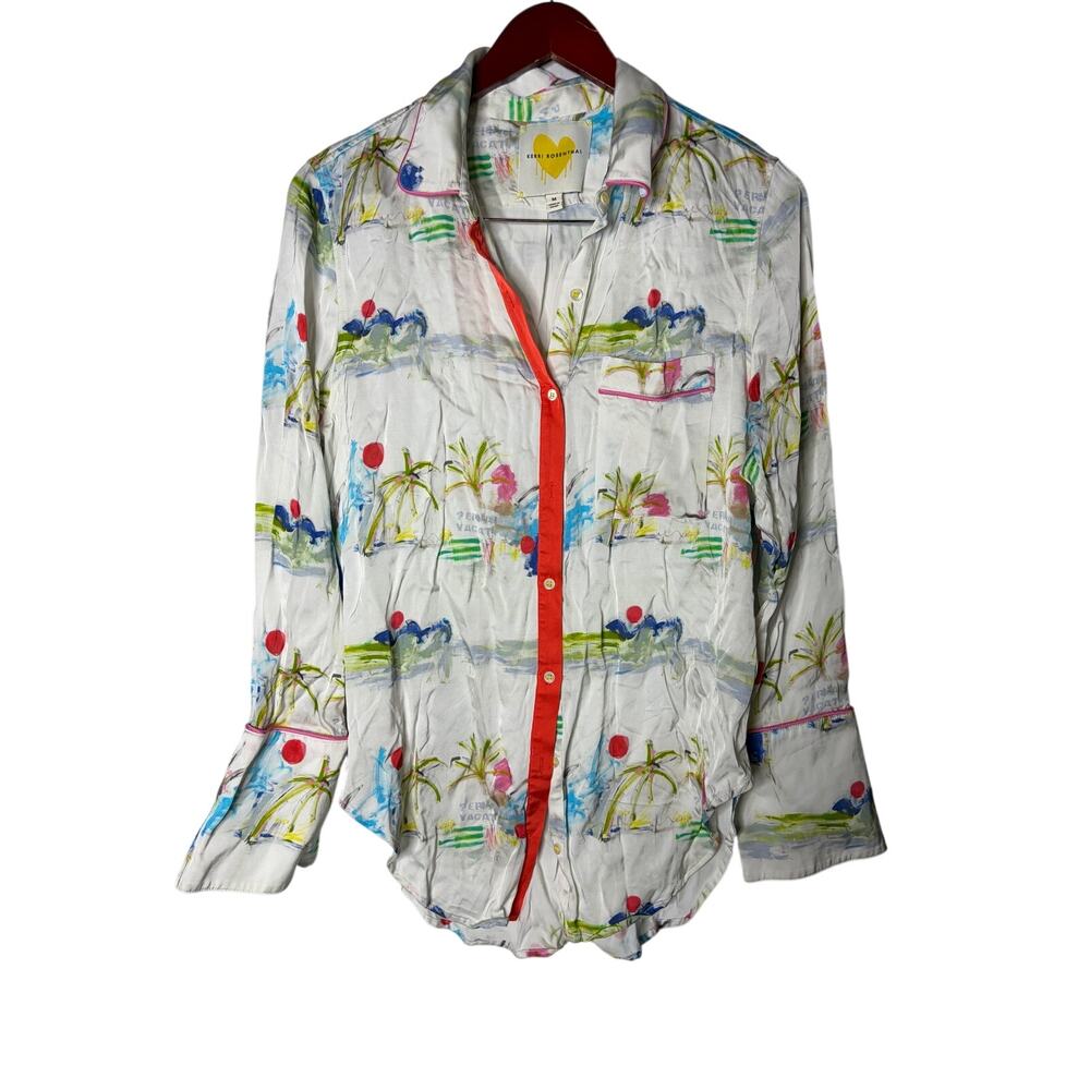 Kerri Rosenthal vacation beach print Satin Button Down Shirt Size M